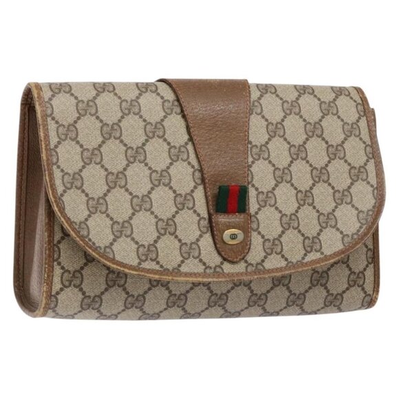 GUCCI GG Supreme Web Sherry Line Clutch Bag PVC Beige Gold - Picture 1 of 16
